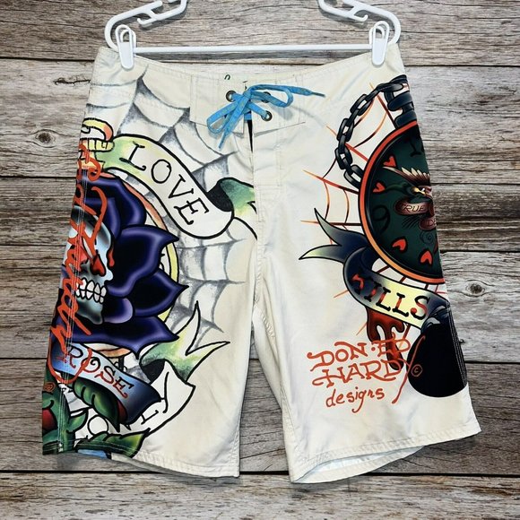 Ed Hardy Other - Ed Hardy Swim Board Shorts Surf Or Die Mens Sz 34 Black Rose of Death Drawstring